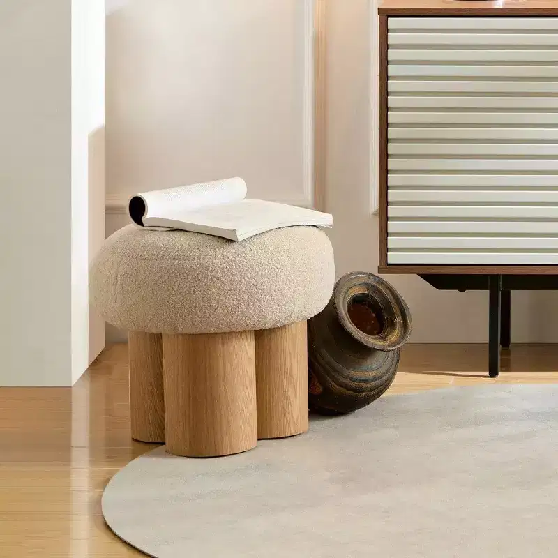 TUYOHW Mushroom Stool,Plush Ottoman with Wooden Look Legs,17 Inch Barrel Shaped Accent Stool for Living Room Entryway