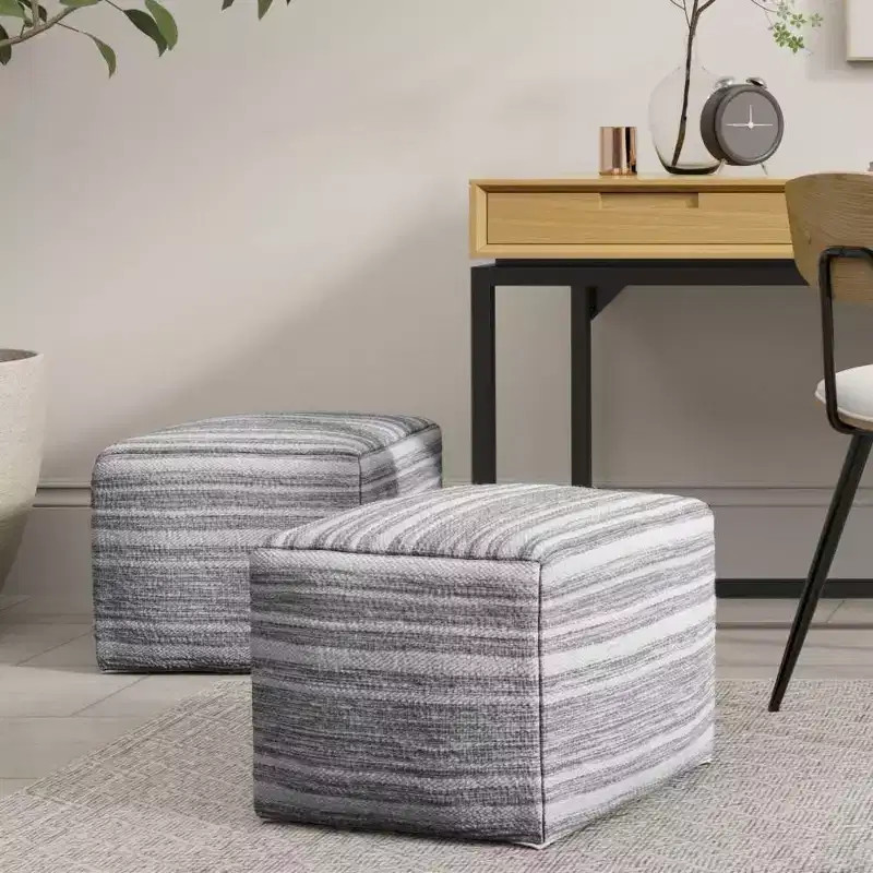 WyndenHall Eleanor Square Woven Pouf Black Melange/White: Handcrafted, No Assembly, Wool Upholstery, Contemporary Style