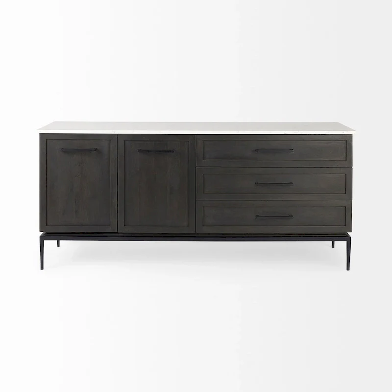 Dark Brown Wood w/ White Marble Top and Black Metal Base Sideboard - 71.0L x 18.5W x 32.0H
