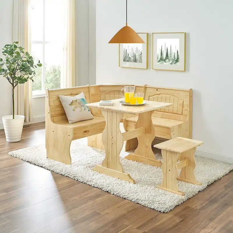 MUSEHOMEINC Traditional Style 3 Piece Solid Wood Breakfast Nook Dining Table Set with Side Bench, Hidden Storage Nook Table Set
