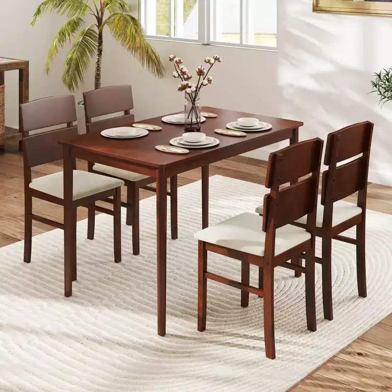 Costway 5 PCS Dining Table Set for 4 Farmhouse Wooden Table & 4 Upholstered Chairs