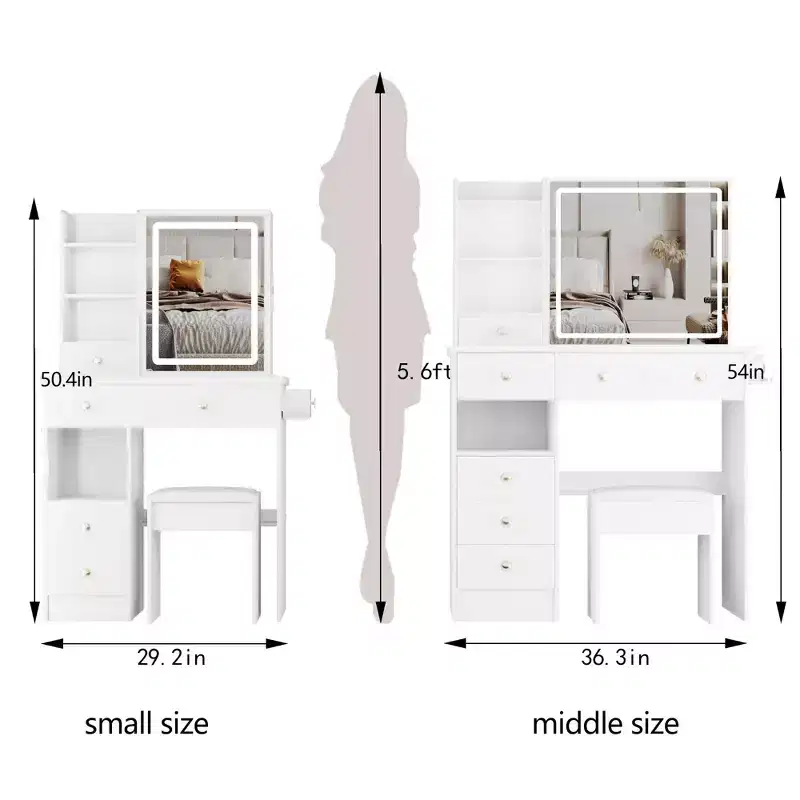 29.2 Small Size Left Drawer Desktop Vanity Table + Cushioned Stool, 2 AC+2 USB Power Station, Hair dryer bracket Tri-color Switching