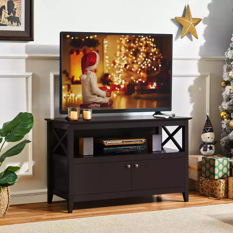 TV Stand with 2 Storage Cabinets and Open Shelf, Espresso