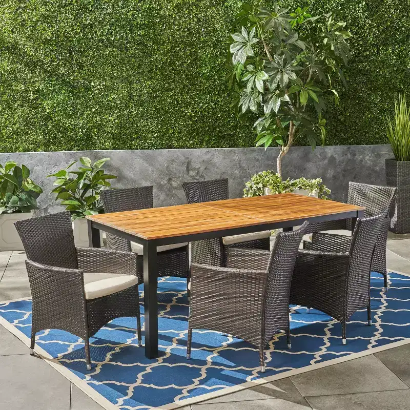 Christopher Knight Home Dane Outdoor Wicker and Acacia Wood 7 Piece Dining Set with Cushion, Teak/Multibrown