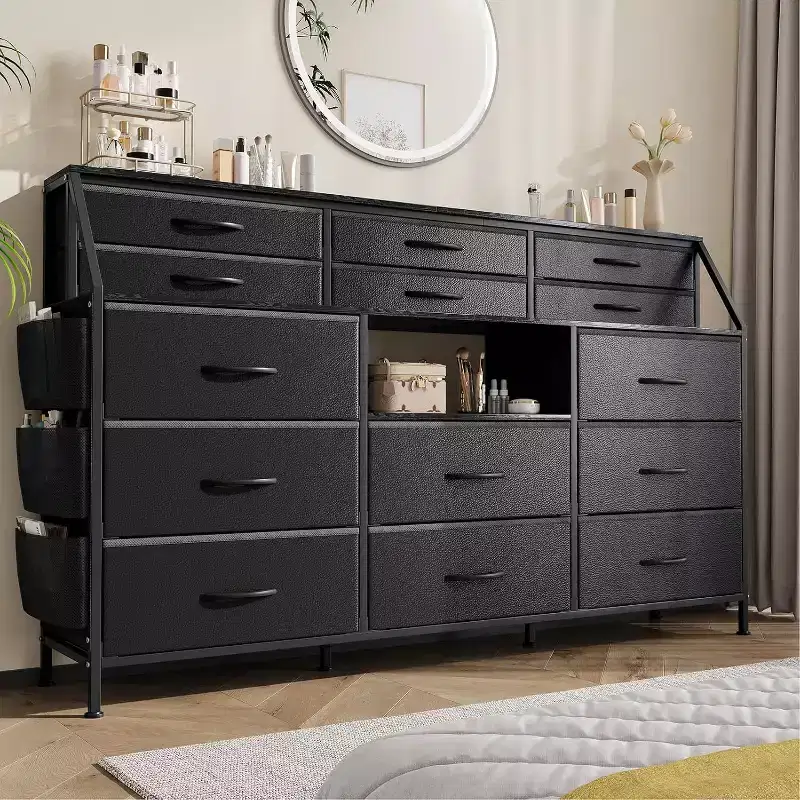 Storage Cabinet, Bedroom Dresser, 55 Inch with Side Pockets, Metal Frame and Wood Top Open Shelves with 14 Drawers for Bedroom, Living Room