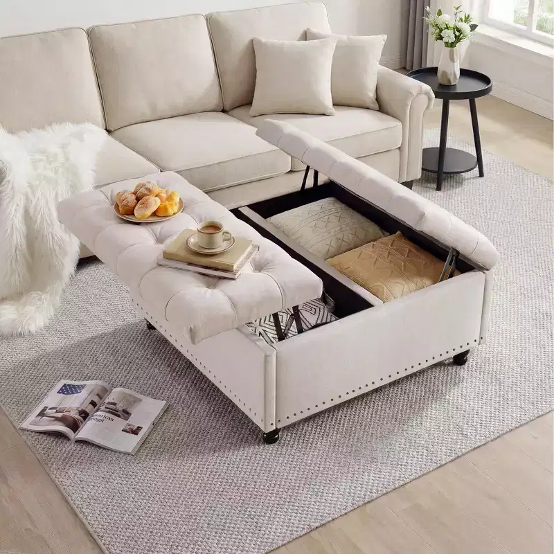35.5'' Storage Ottoman Bench, Tufted Upholstered Coffee Table Bench with Lift Top, Multi-Functional Square Footrest for Hallway Living Room Bedroom