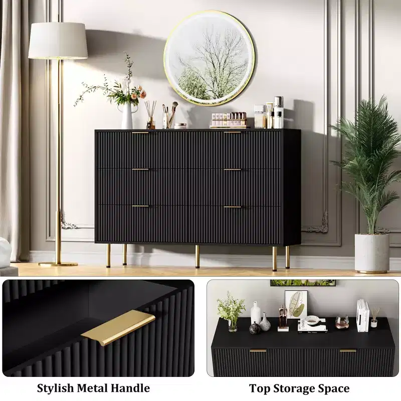Fluted 7-Drawer Wood Dresser, Modern Black with Gold Handle for Bedroom, Black