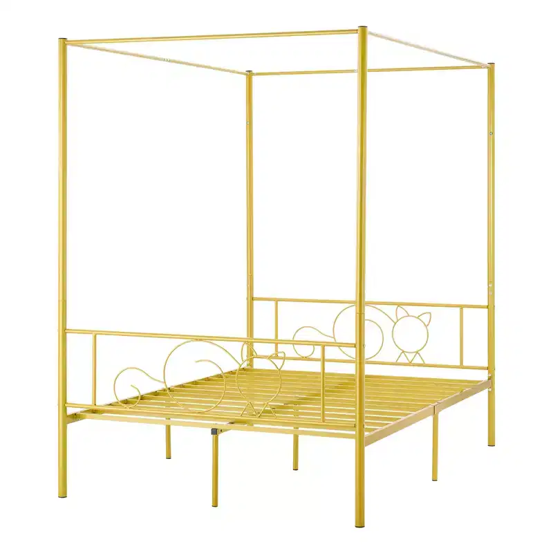 VEVOR Full Size Canopy Bed Frame, Metal Canopy Bed with Minimalist Headboard & Four Posters Design, Heavy Duty Steel Slats Support, Gold