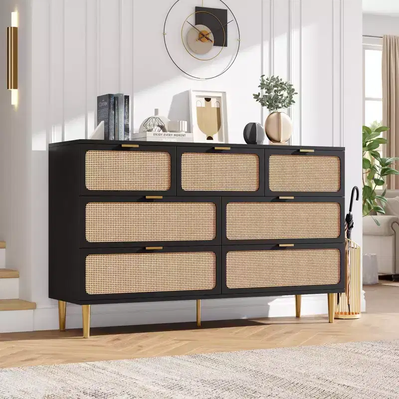 7-Drawer Rattan Dresser – Handwoven Doors, 5 Metal Legs, Bedroom & Living Room Storage