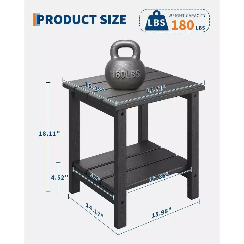 18 Outdoor Adirondack Side Table, 2-Tier HDPE Weather Resistant, Square End Table for Patio Poolside Porch Deck