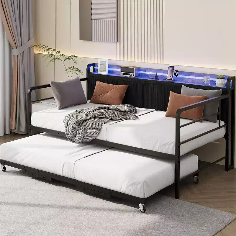 Double bed frame, corduroy upholstered headboard with storage, heavy-duty metal sofa bed, pop-out pull-down bed, suitable for living room and bedroom