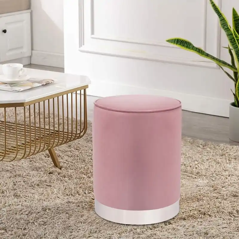 Adeco Vanity Upholstered Round Velvet Ottoman Footstool Silver Trim