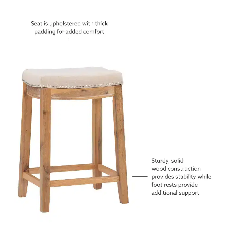 Counter Height Barstool Rustic Brown Natural Linen Upholstered Backless