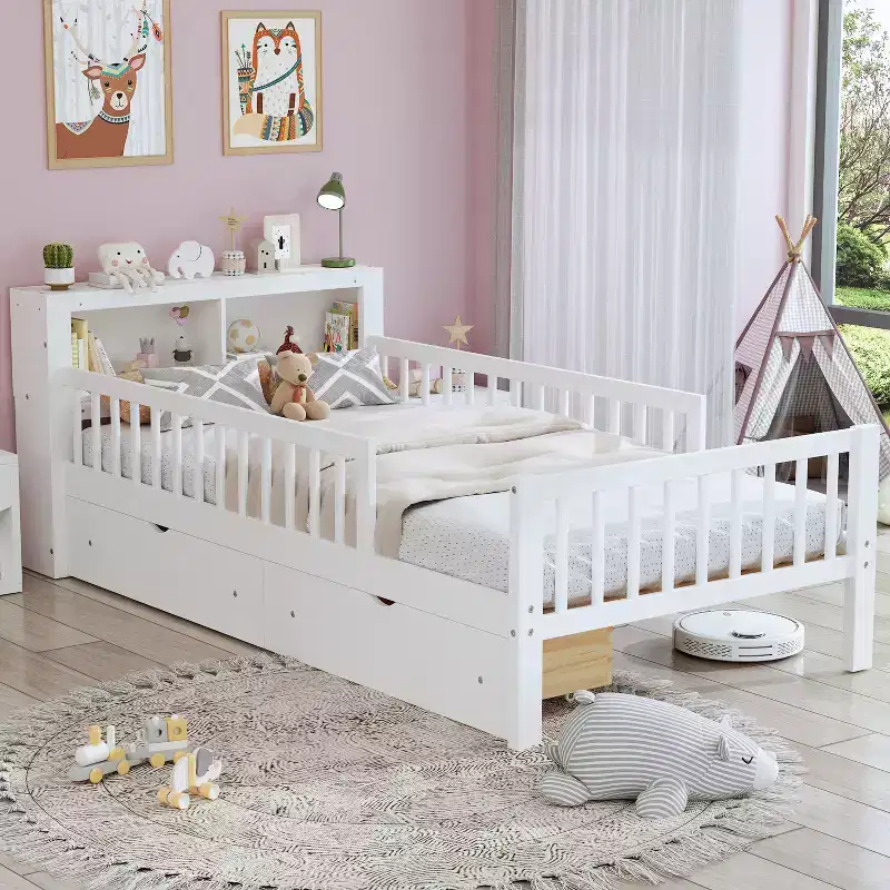 Twin Bed with Headboard Storage Rack, 2 Under-Bed Drawers and Guardrails, White