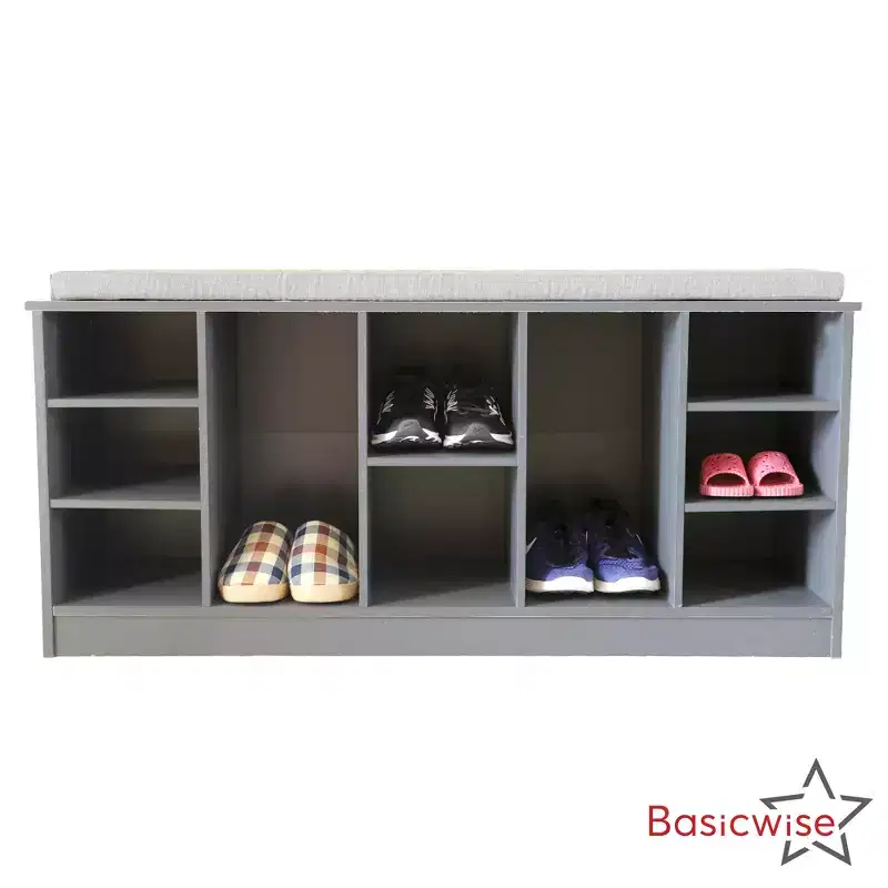 Basicwise Multi-Purpose Wooden Shoe Storage Bench Cushioned Seat Open Cubby Compartments and Versatile Organizer for Shoes and Accessories