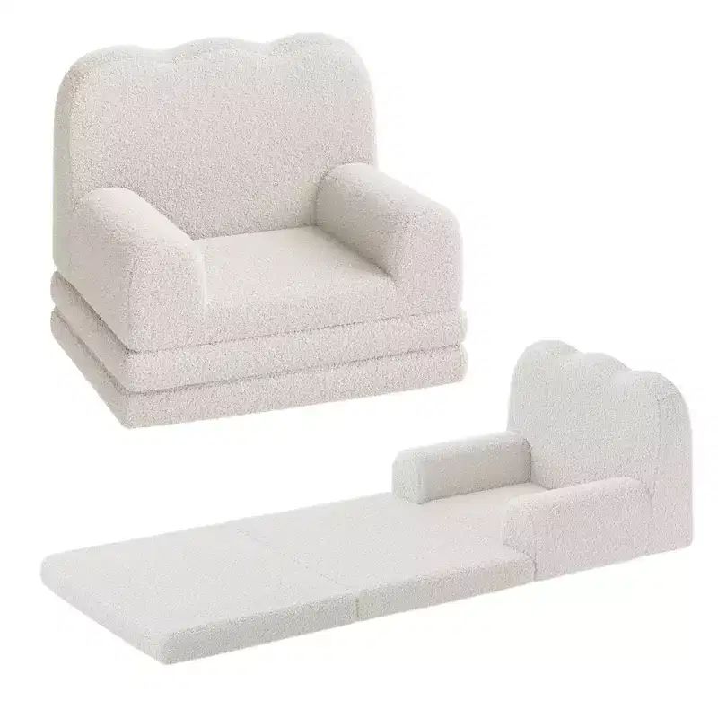 Kids Couch, 2-in-1 Convertible Teddy Fleece Fabric Toddler Sofa Chair, Soft Fold Out Couch Lounger for Kids, Comfy Sofa Bed