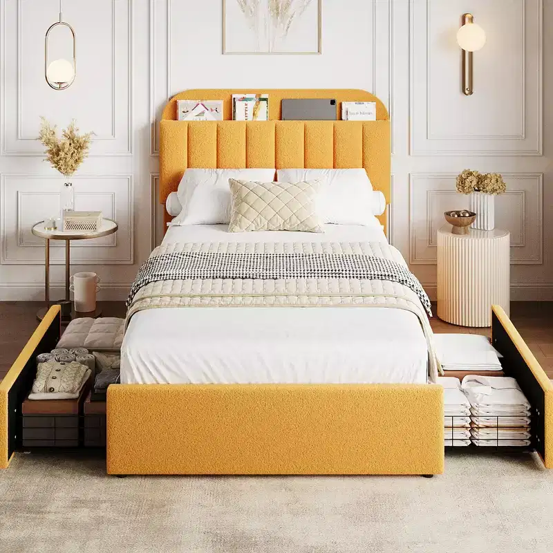 Full Bed Frame with Storage Headboard, Girls Bed Frame with 2 Drawers, Boucle Upholstered Platform Bed with Bookcase, No Box Spring Needed