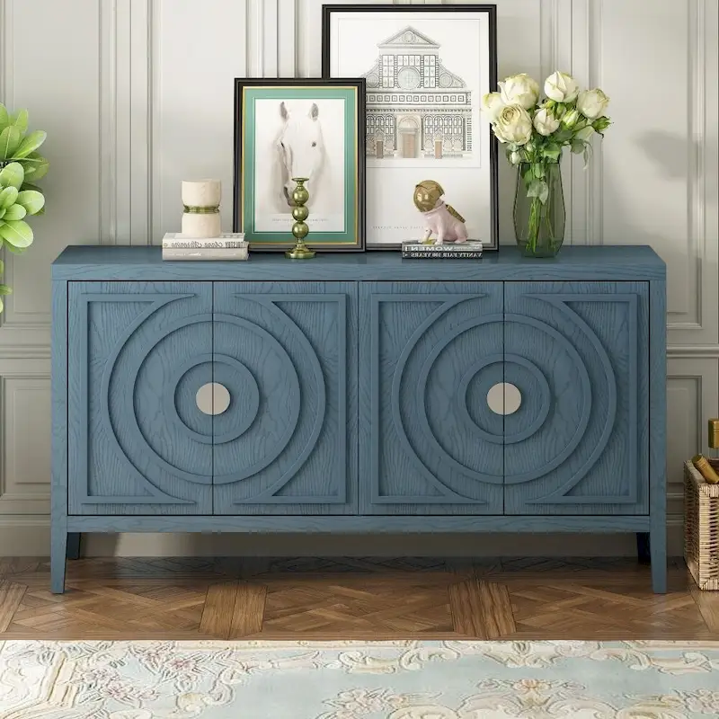 4-Door Retro Sideboard with Circular Groove Design & Round Metal Handles