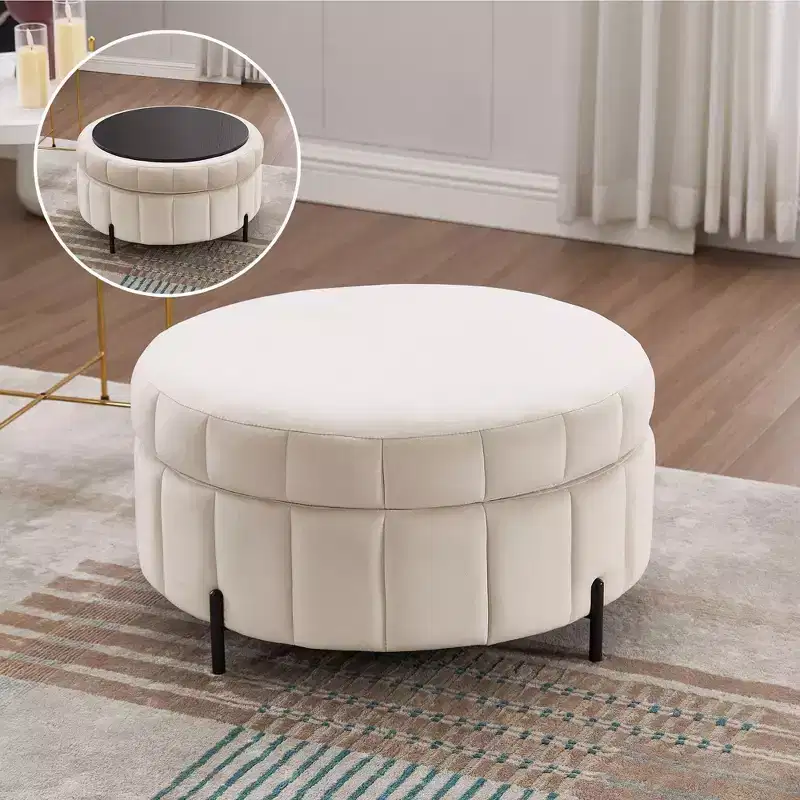 TUYOHW 31.5W Round Ottoman with Reversible Lid,Luxury Velvet Coffee Table Ottoman for Living Room,Accent Footstool,275lbs Capacity