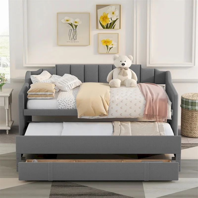 Twin Upholstered Daybed with Trundle and 3 Storage Drawers, Modern Guest Bed