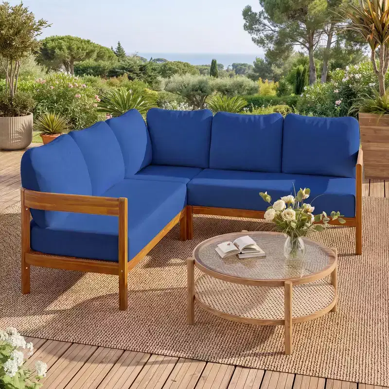 Whisen Outdoor Patio Sofa, L Shaped Patio Sofa, Outdoor Conversation Set, Acacia Solid Wood, Thick Cushions, Adjustable Feet, Rounded Design