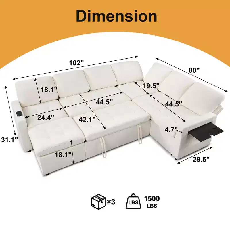 Dyonery 7-seater U-shaped sofa, Modular sofa bed, with pull-out bed, reclining backrest, storage cabinet, tool-free assembly, snow velvet