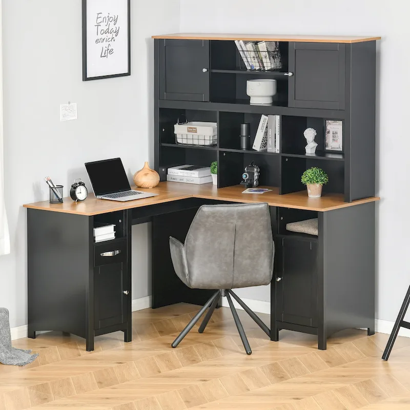 L-Shaped Corner Computer Desk with Hutch, Shelves and Cabinet - 59W