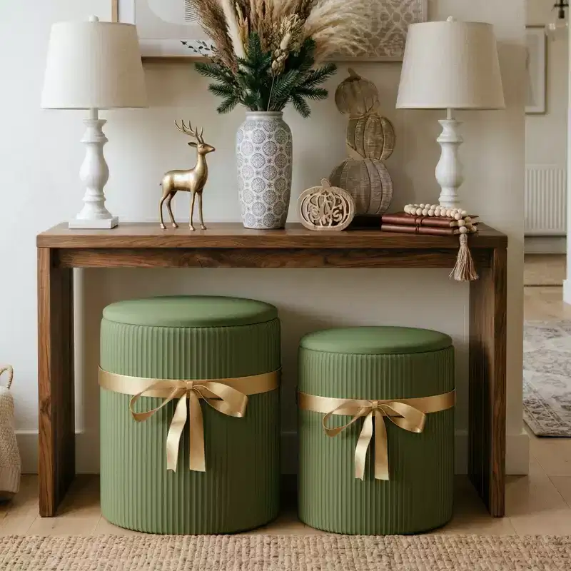 Pinmoco Round Ottoman with Storage Set of 2, Coffee Table Ottoman, Corduroy Vanity Stool for Bedroom, Foot Rest for Living Room
