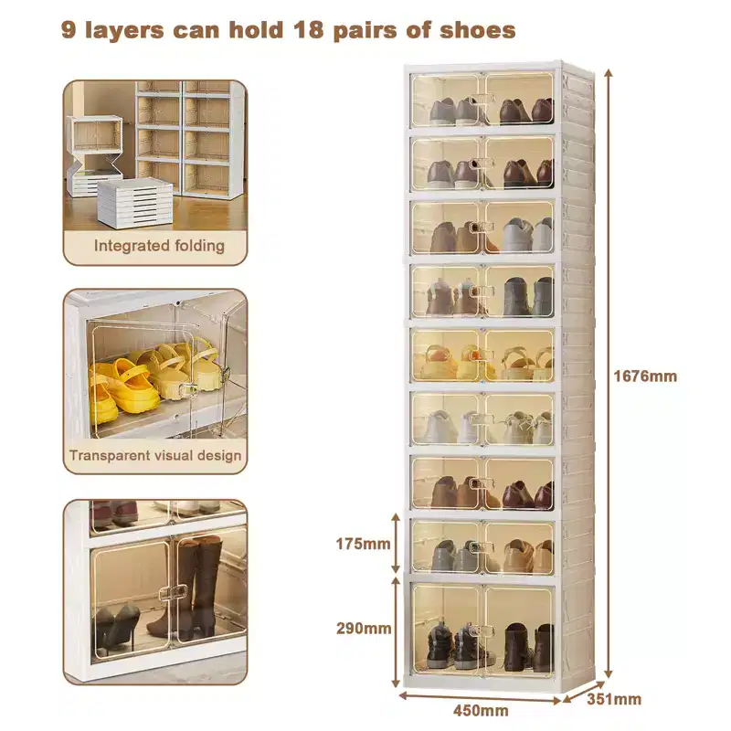 9 Tier Foldable Shoe Rack Organizer, Collapsible Shoe Storage Cabinet with Lids and Magnetic Clear Door , Shoes Storage Boxes for Hallway