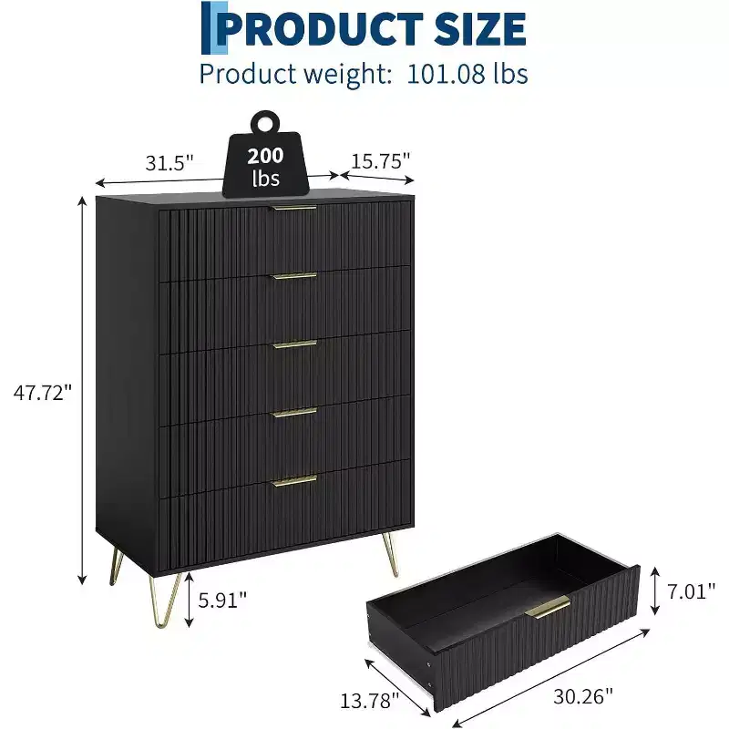 Fluted Dresser for Bedroom with 5 Drawers,32 Wide Modern Chest of Wooden Bedroom Chest with Metal Handle, Wide Clothes Storage Organizer TV Stand