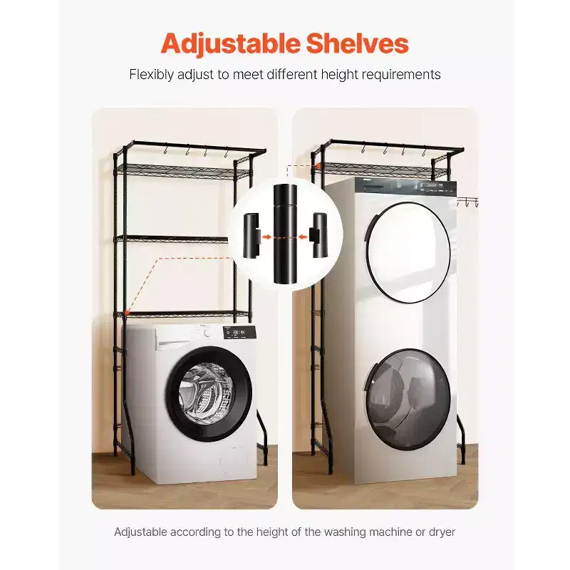 3-Tier Over Washer Dryer Storage Shelf – Adjustable, Hanger Rod & Hooks, Black