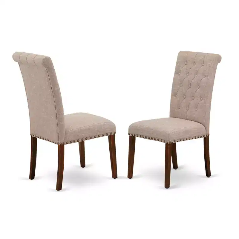HomeStock Bremond Parson Dining Chairs Button Tufted Nailhead Trim Light Tan Linen Fabric Set of 2 Mahogany