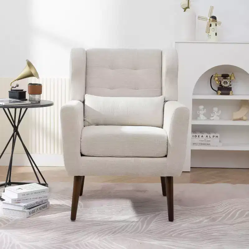 Chenille Accent Chair - Modern Lounge Armchair with Throw Pillow, Ergonomic Back, Tapered Wood Legs