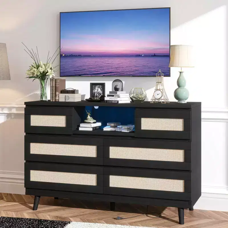 Rattan Dresser with 6 Drawers, Natural Wood Durable Dressers, 6 Chests of Drawers, TV Stand, Storage Cabinet for Nursery, Entryway, Bedroom,Hallway