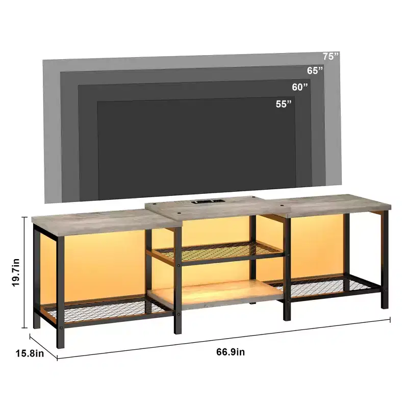 Brown/Grey 3-Tier Open TV Stand with Power Outlet, Fits up to 75
