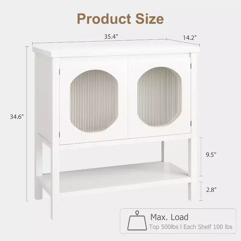 Coffee Bar Cabinet, Storage Cabinet With 2 Reeded Glass Doors, Buffet Cabinet With Storage Shelf, Modern Buffet Sideboard Cabinet for Home White