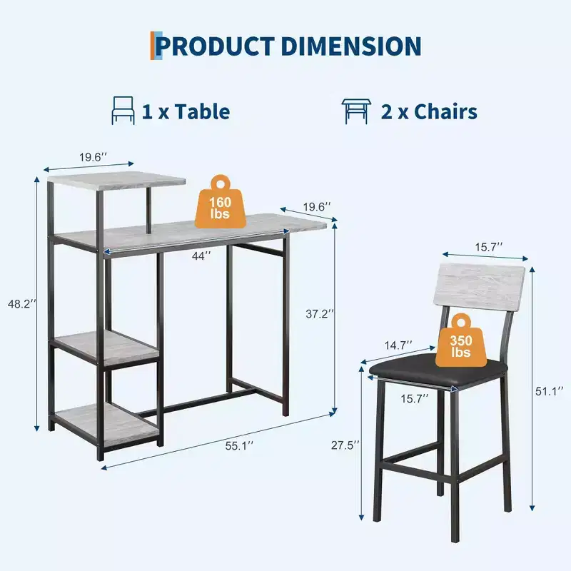 Dining Table Set for 2, Kitchen Table and Chairs, Bar Table Set with 2 Bar Stools, 3 Piece Dining Room Table Set for Small Space, Apartment
