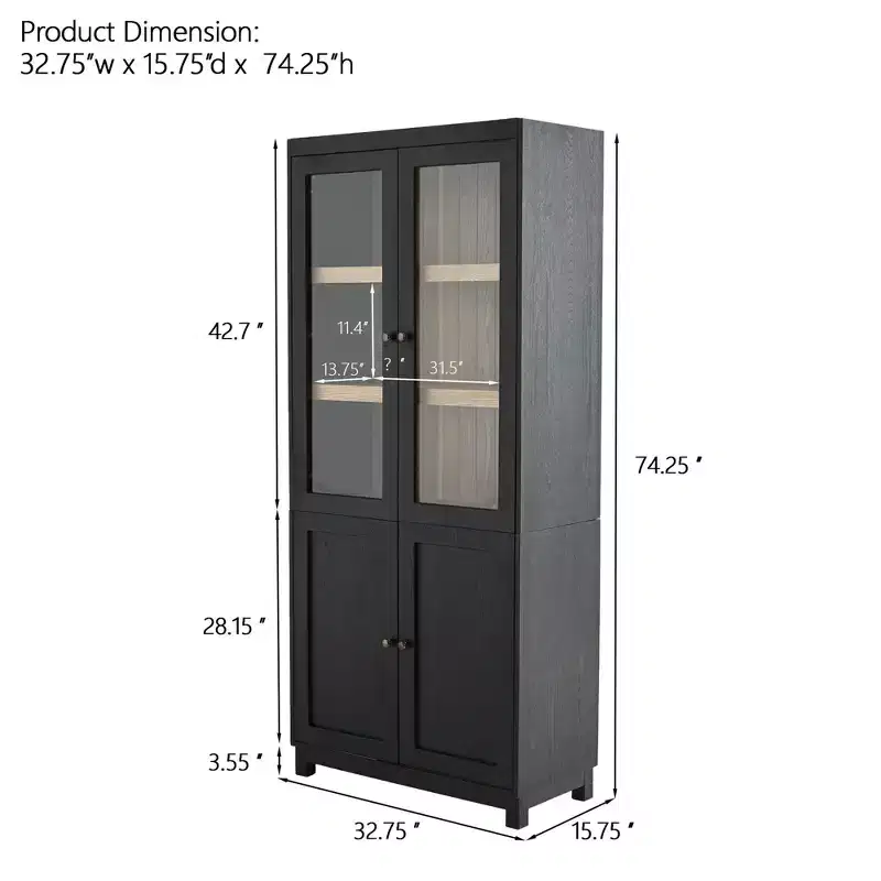Modern Display Buffet Cabinet with Glass Doors & Adjustable Shelves, 74.5