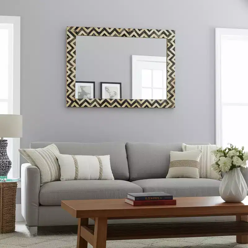Wall Mirror Resin Wood Glass Modern Chevron Frame 24x1x36 Inch Gray White Decorative Accent for Home Office Bedroom Living Room