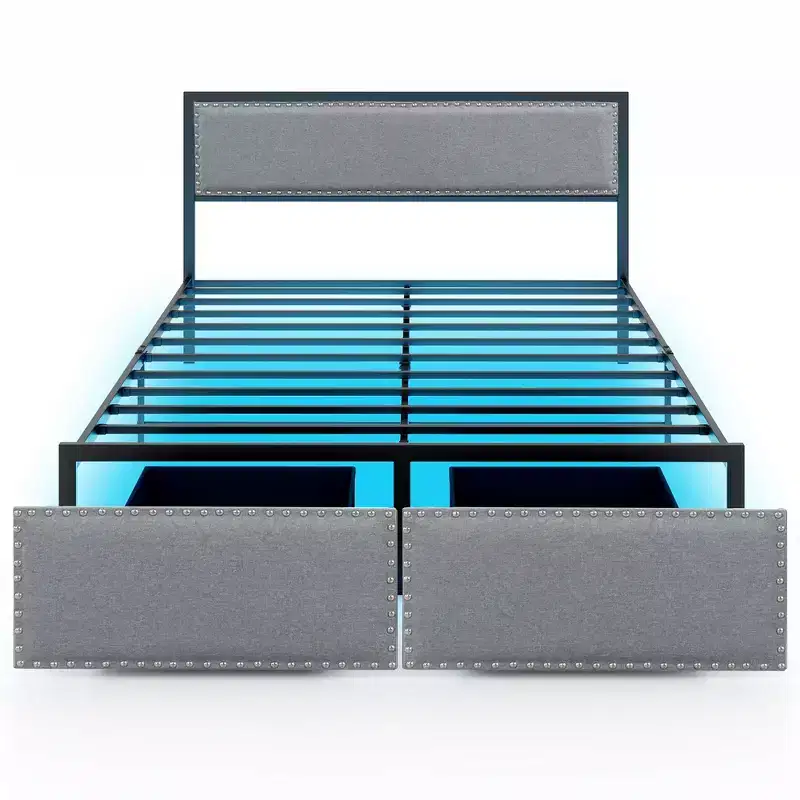Queen Size Bed Frame w/ 2 Storage Drawers LED Lights Slats Support Modern