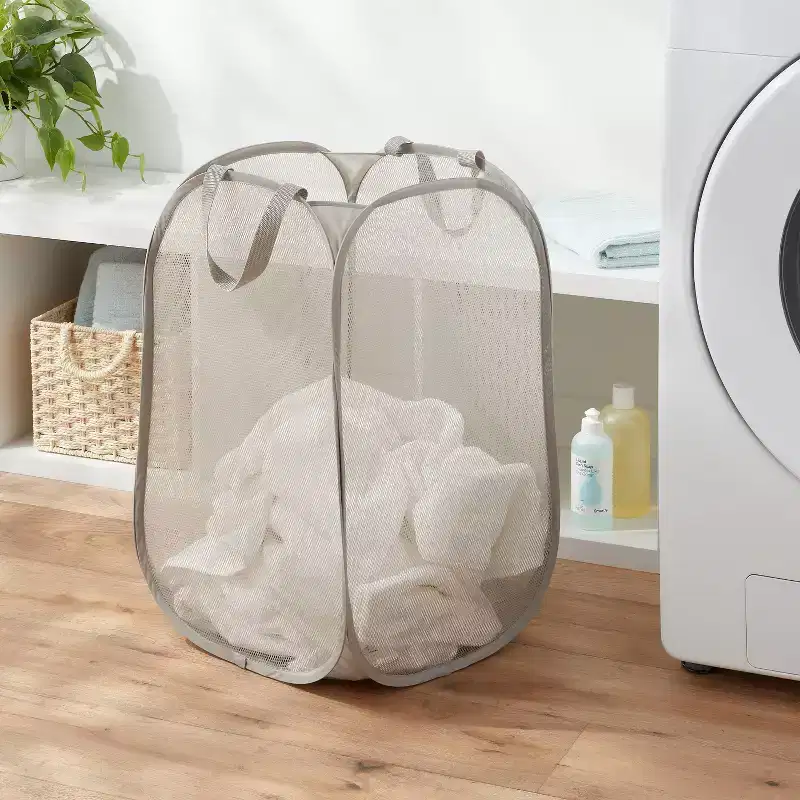 Pop-Up Collapsible Mesh Laundry Hamper — Cube Shape, Double Handles, Lightweight