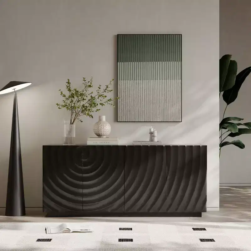 59 Modern Spiral Sideboard Buffet Cabinet, Low Profile Art Entryway Storage Cabinet with 3D Ripple Texture Doors