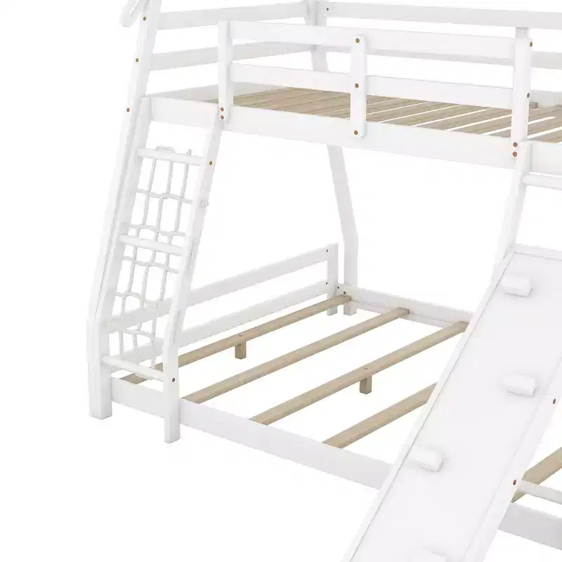 Twin Over Queen House Bunk Bed with Climbing Nets and Ramp