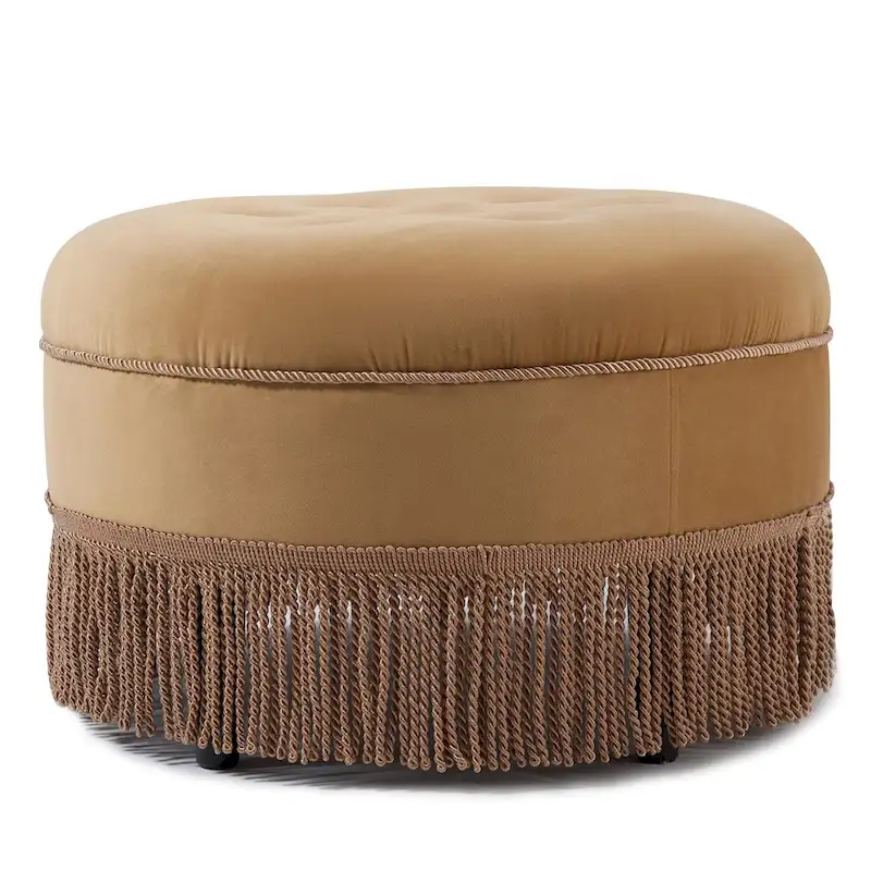 Velvet Round Accent Ottoman with Tassel Fringe, Vintage Tufted, Single Seat