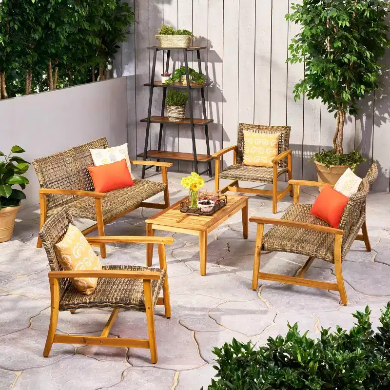 Hampton 5pc Wood & Wicker Loveseat Chat Set: Christopher Knight Home Outdoor Ensemble