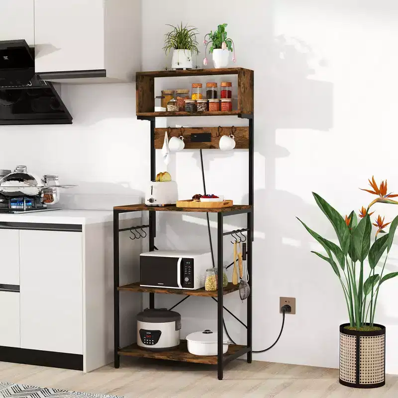 Kitchen Baker's Rack 5-Tier Coffee Bar Station with Power Outlet and Storage Hutch, Open Shelves