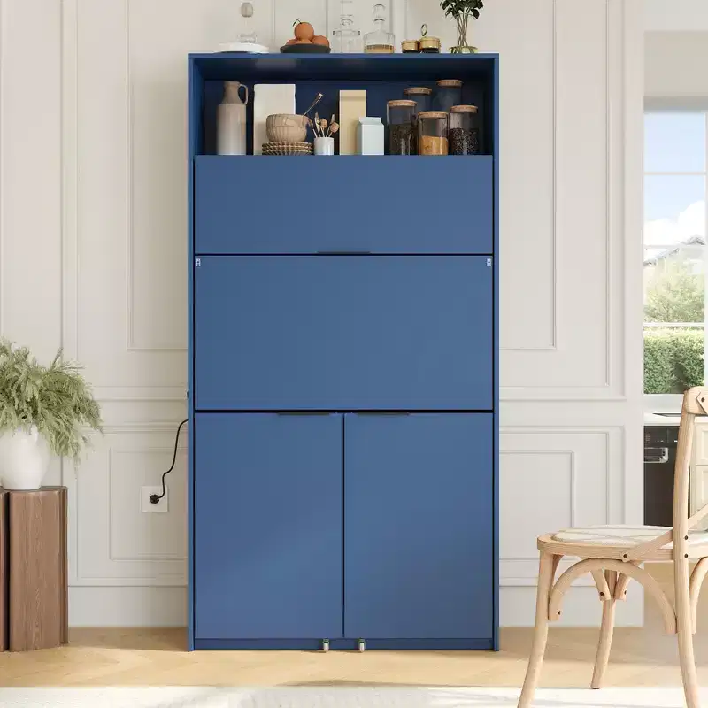 Versatile Kitchen Pantry with Hutch, Foldable Workstation and Power Outlet