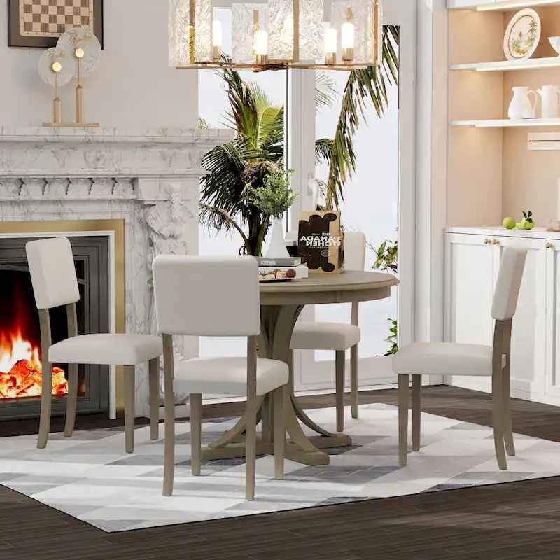 Taupe Retro 5-Piece Wooden Dining Table Set with Curved Trestle Table & 4 Chairs