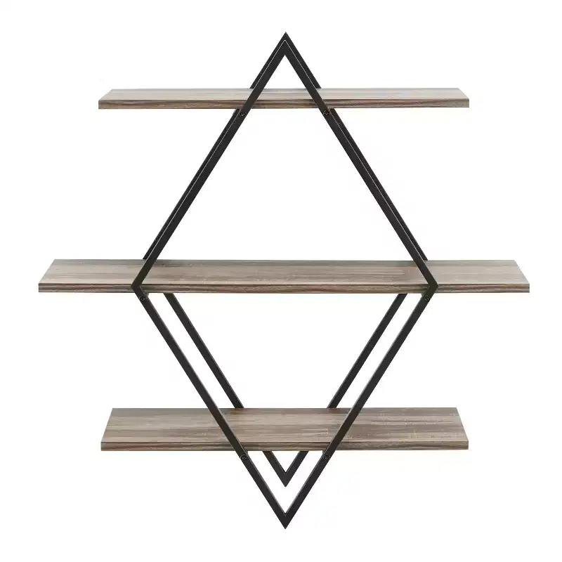 Danya B. 3-Tier Antigua Crossed Double Diamond Wall Shelf Unit Black/Rustic: Laminated Iron Frame, Includes Mounting Brackets