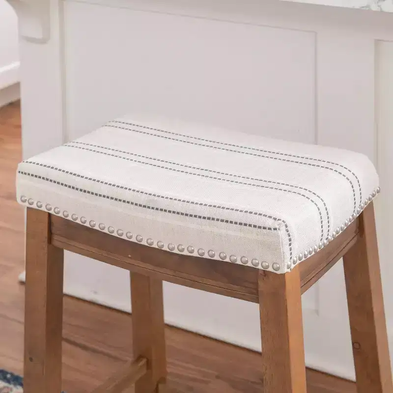 Counter Height Barstool Rustic Brown Natural Linen Upholstered Backless